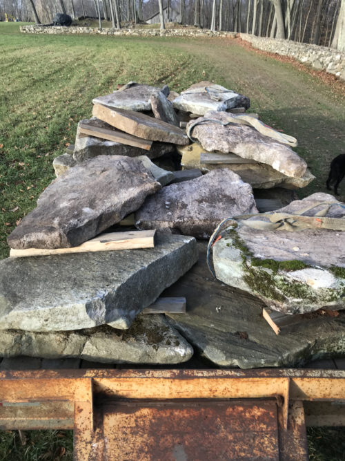 Big natural flats - local granite, hand-picked pathway stone. Fall, 2020. Handsome walk pieces, 600#-2000# each, about 30 to a trailerload.